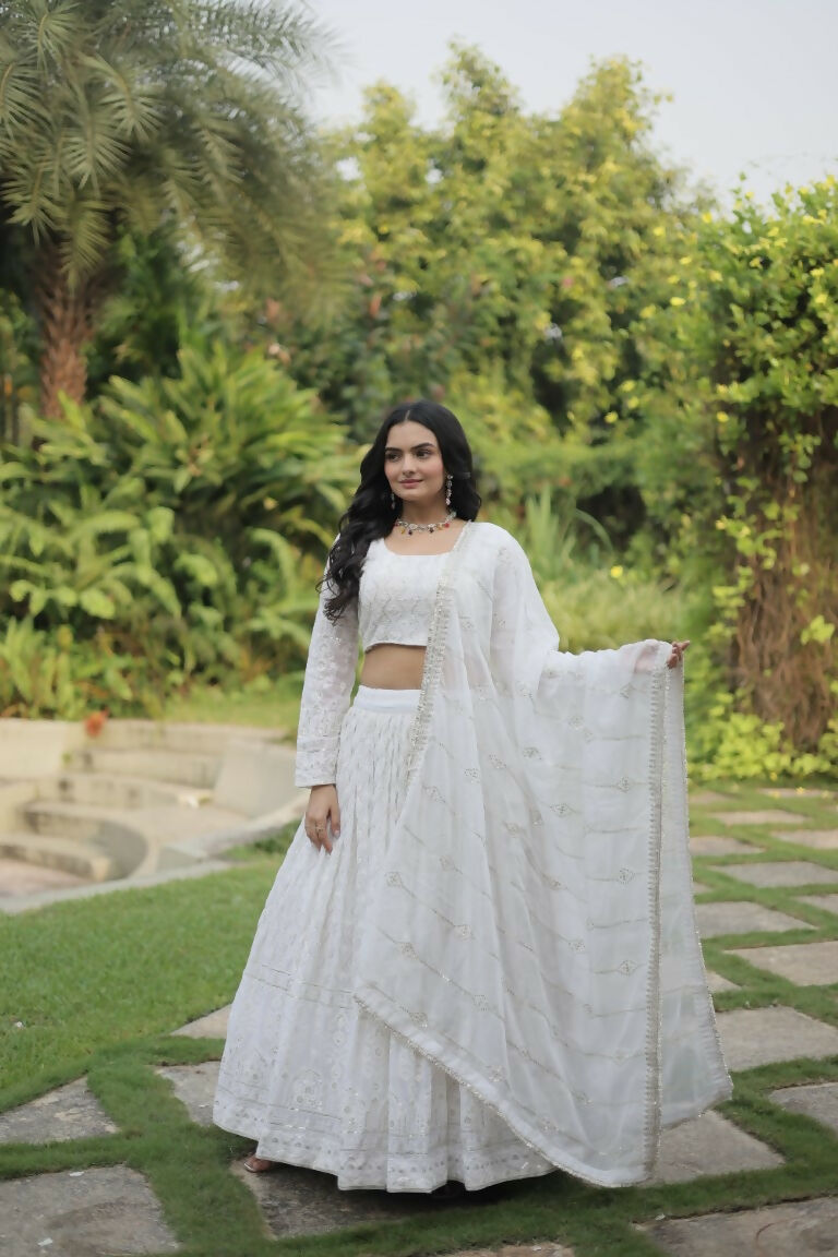Vastranavya Faux Georgette With Sequins & Thread Embroidered Work Lehenga Choli - White - Distacart