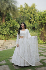 Thumbnail for Vastranavya Faux Georgette With Sequins & Thread Embroidered Work Lehenga Choli - White - Distacart