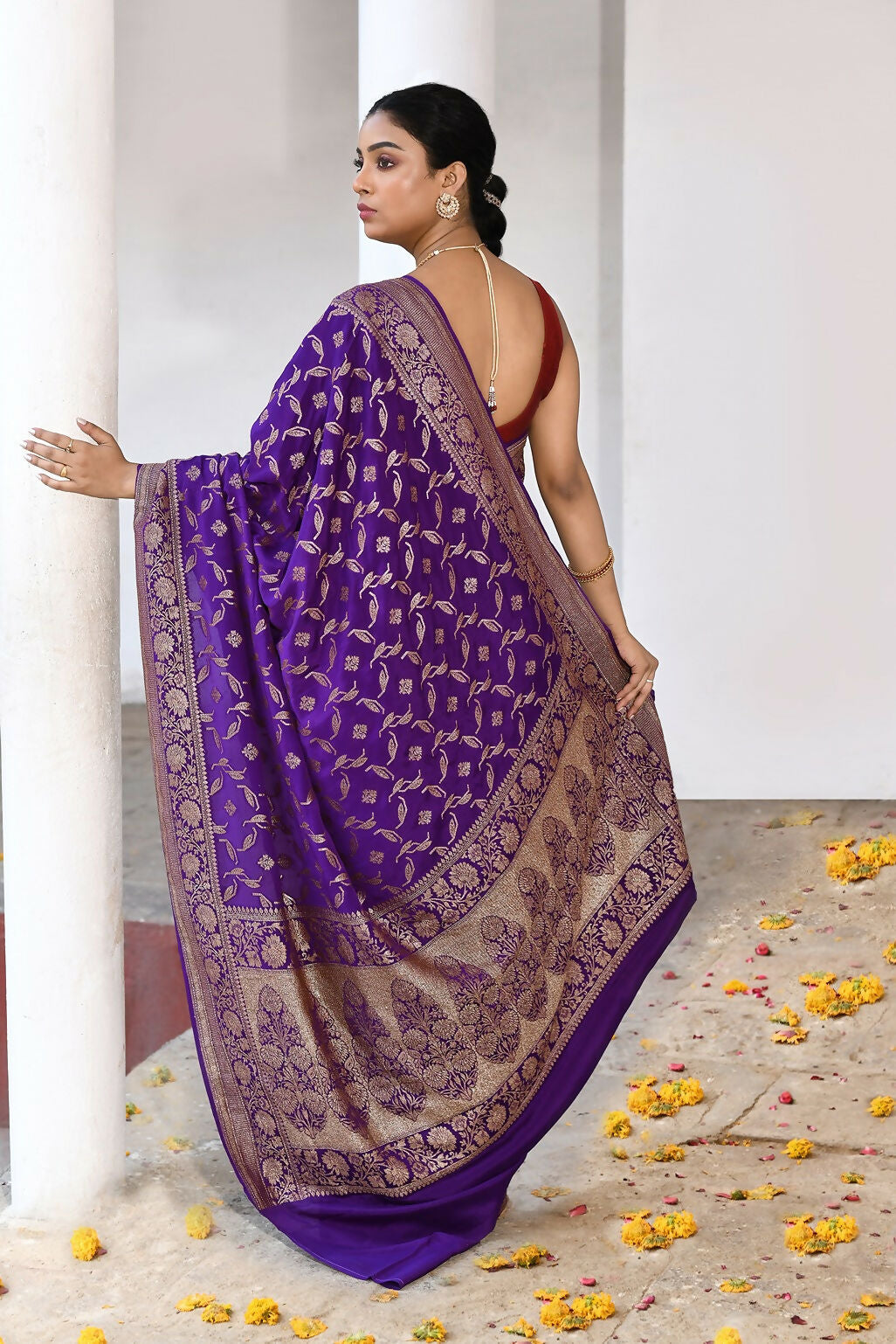 Joban Fashion Purple Crepe Chiffon Pure Handloom Banarasi Silk Saree