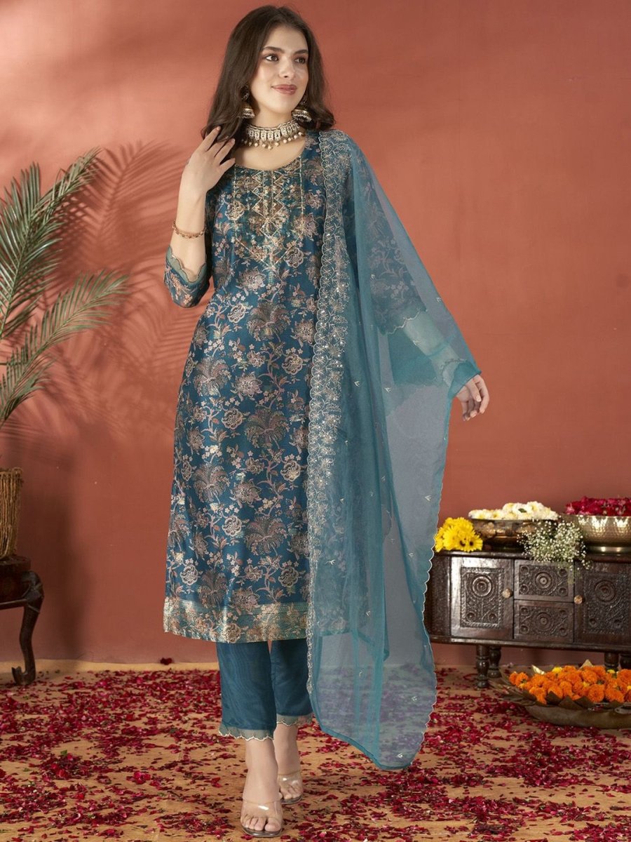 Anouk Teal Floral Embroidered Sequinned Organza Straight Kurta With Trouser & Dupatta - Distacart