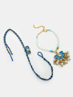 Thumbnail for NVR Women & Men Set of 2 Blue Lotus Shape Kundan-Studded & Beaded Handcrafted Wraparound Rakhi Set With Roli Chawal - Distacart