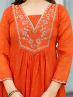 Thumbnail for The52 Orange Women's Gorgeous Embroidered Chinon Fabric Flared Kurta Pant and Dupatta Set - Distacart