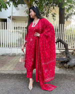 Thumbnail for The52 Red Women's Beautiful Rayon Fabric Printed Work Straight Kurta Pant and Dupatta Set - Distacart
