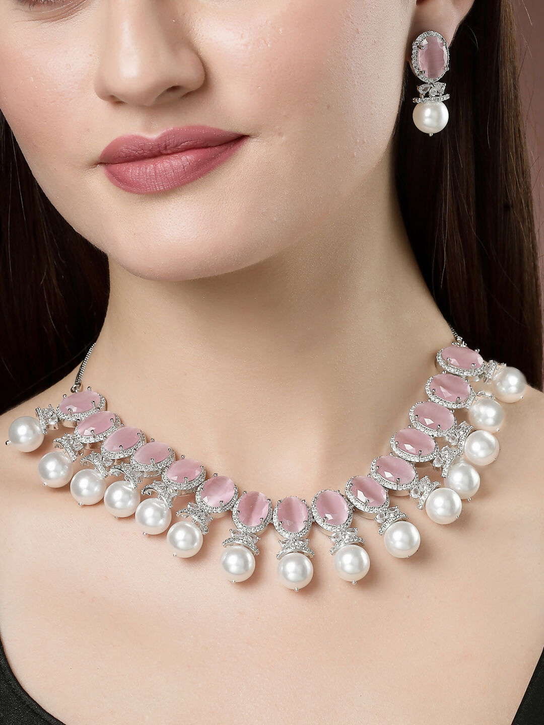 NVR Women's Silver-Plated Pink American Diamond Studded Handcrafted Jewellery Set - Distacart