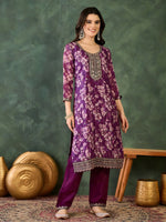 Thumbnail for The52 Women's Beautiful Embroidery Work Chinon silk Fabric Straight Kurta Pant and Dupatta Set - Distacart