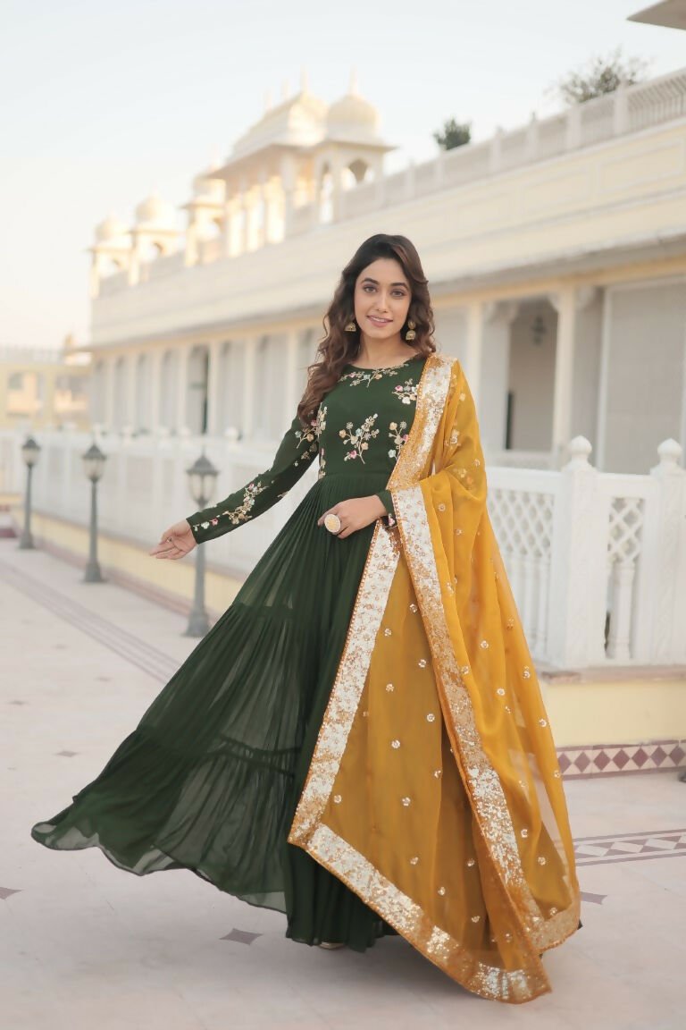 Aastha Fashion Women's Bottle Green Faux Georgette Sequins Embroidered Anarkali Dress with Dupatta - Distacart