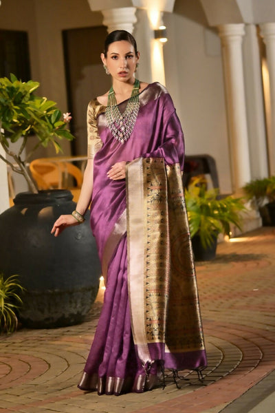 Vishnu Weaves Women's Wine Soft Tussar Silk Printed Saree with Blouse