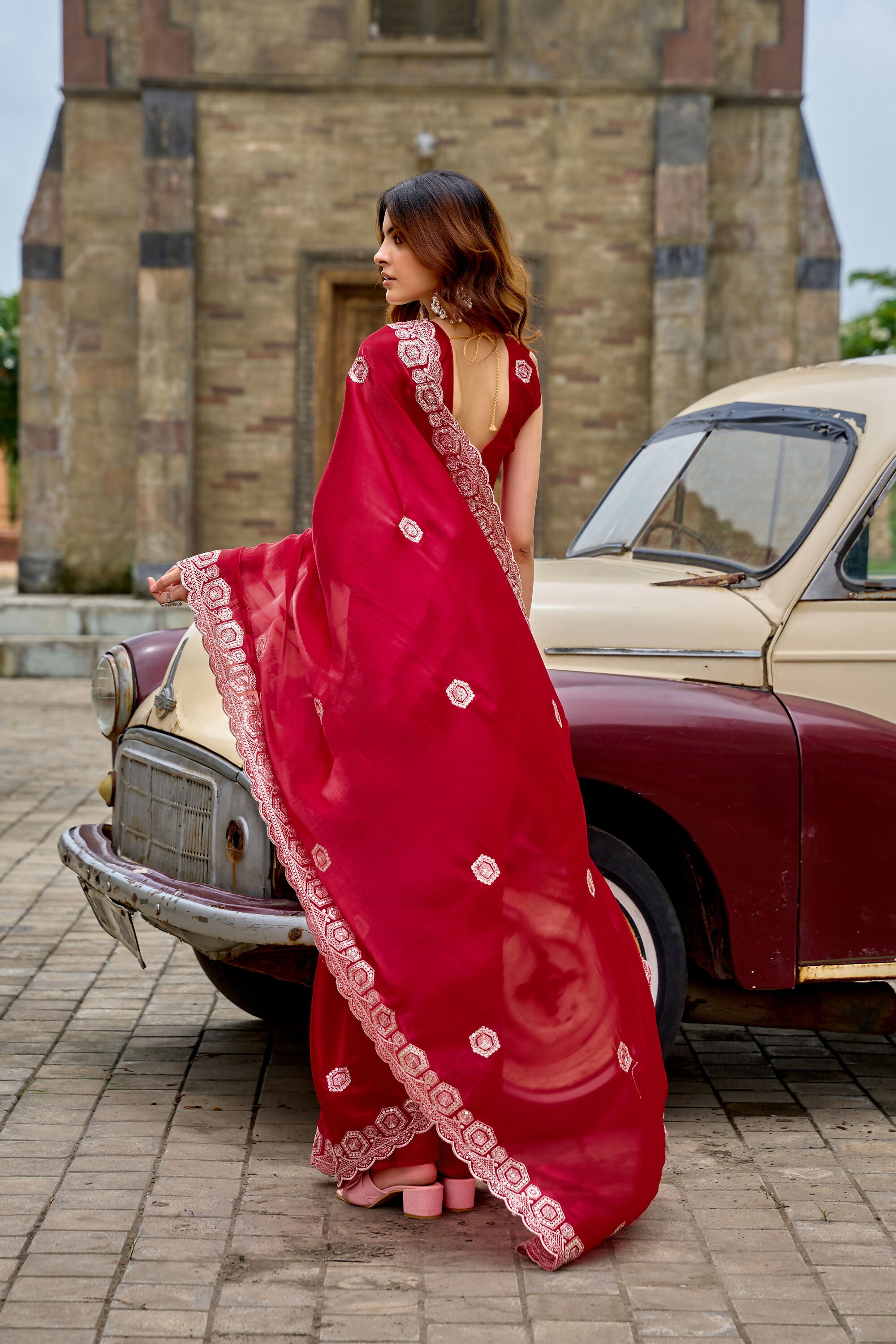 Vastranavya Red Embroidery Work Shimmer Chiffon Saree with Unstitched Blouse
