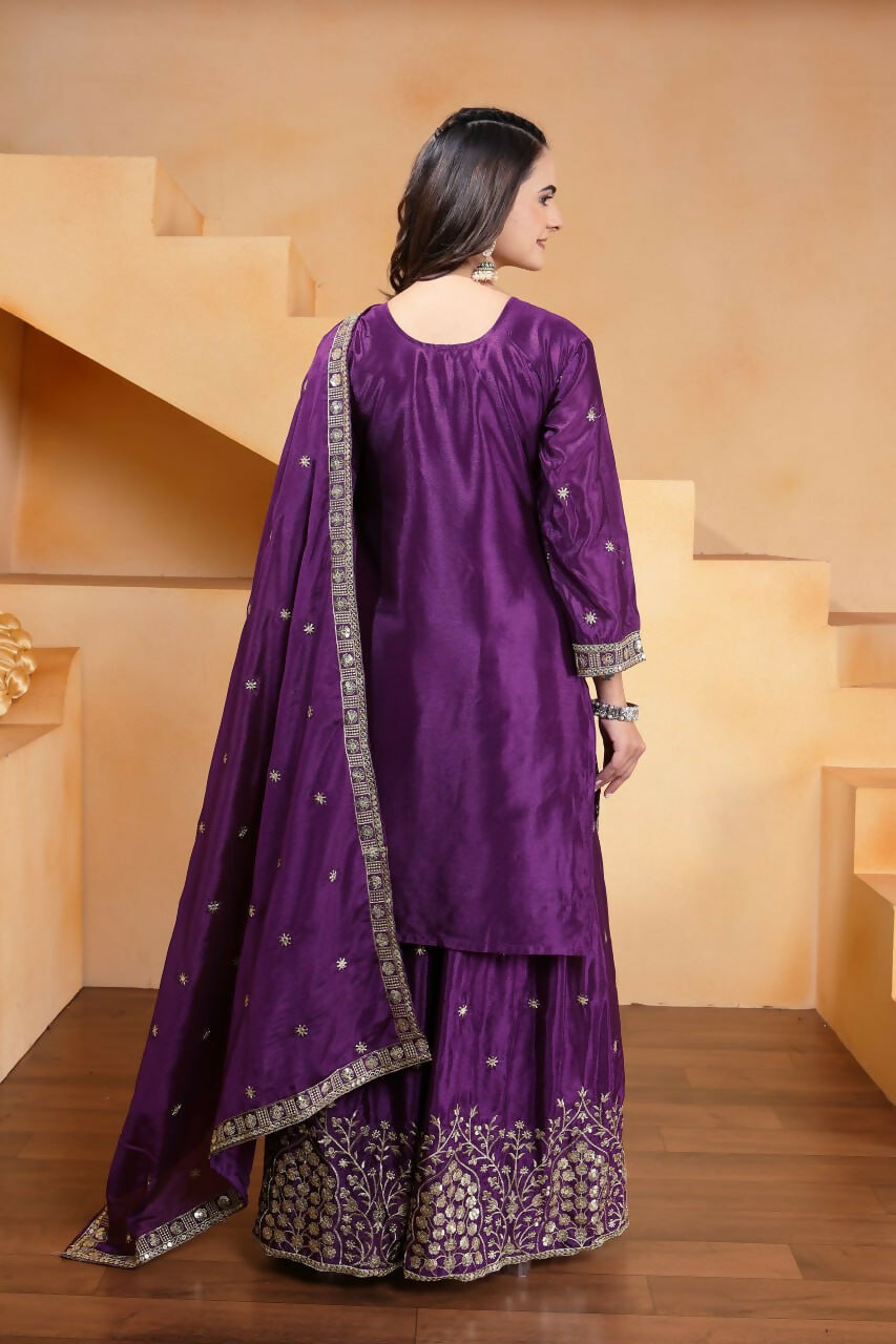 Joban Fashion Purple Silk Embroidered Sharara Set - Distacart