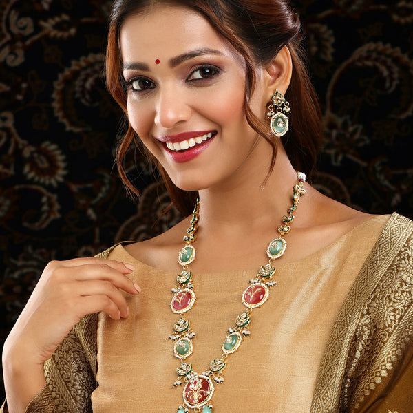 Ruby Raang Gold Polished Kundan Work Multi-Color Long Mint Stonework Necklace With Earrings - Distacart