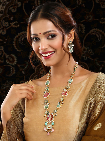 Ruby Raang Gold Polished Kundan Work Multi-Color Long Mint Stonework Necklace With Earrings - Distacart