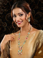 Thumbnail for Ruby Raang Gold Polished Kundan Work Multi-Color Long Mint Stonework Necklace With Earrings - Distacart