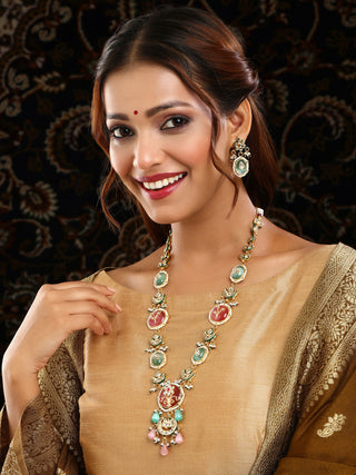 Ruby Raang Gold Polished Kundan Work Multi-Color Long Mint Stonework Necklace With Earrings