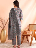 Thumbnail for Ode by House of Pataudi Thread Work Pure Cotton Straight Kurta with Trousers & Dupatta - Distacart