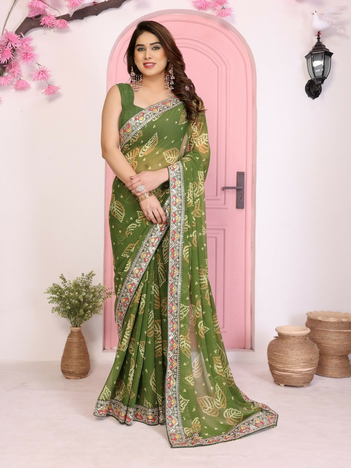 Ai Fashion Mehendi Georgette Rajwadi Bandhani Print Party Wear Saree