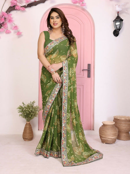 Ai Fashion Mehendi Georgette Rajwadi Bandhani Print Party Wear Saree