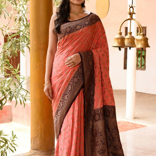 Joban Fashion Coral Crepe Chiffon Pure Handloom Banarasi Silk Saree
