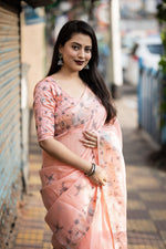 Thumbnail for Pink Pure Linen Ethnic Motifs Saree with Unstitched Blouse - A2M - Distacart