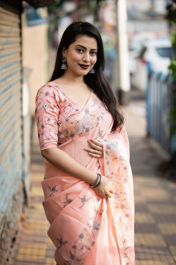 Pink Pure Linen Ethnic Motifs Saree with Unstitched Blouse - A2M - Distacart
