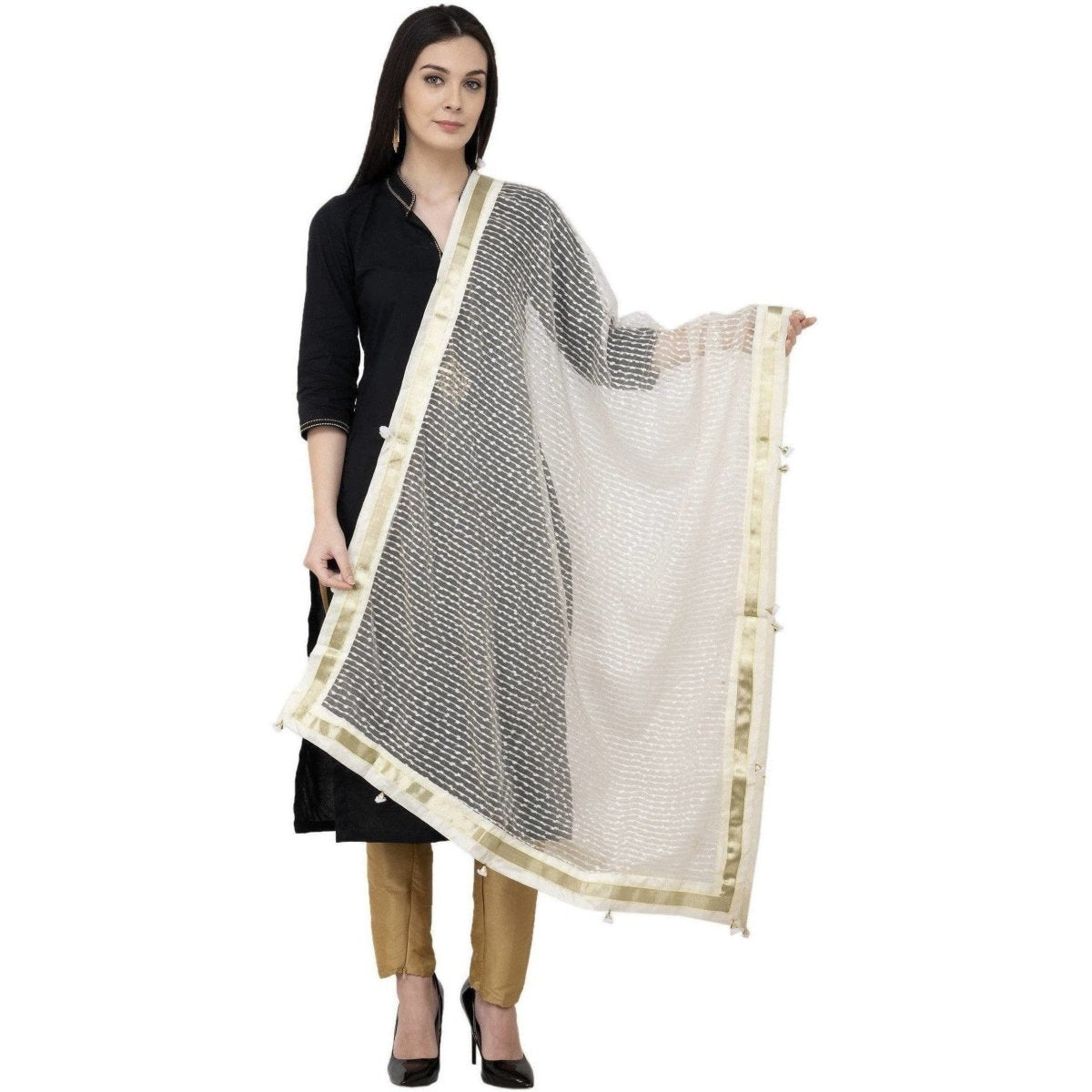 A R SILK Payal Pum Pum Fancy Dupatta Off White Color Dupatta or Chunni