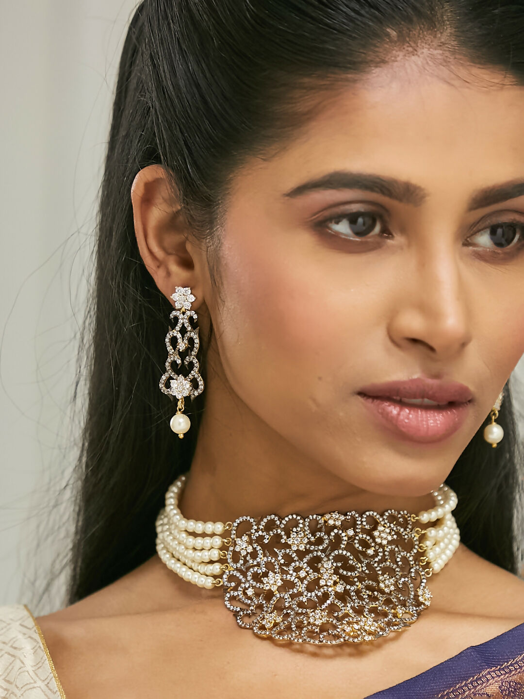 Nuyug 22K Gold-Plated Cubic Zirconia Studded & Pearl Beaded Necklace Set