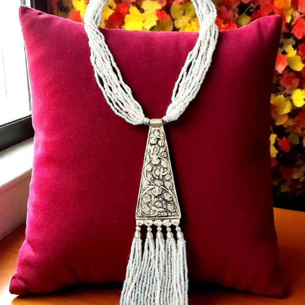 Inhanns Day-To-Dinner Tie Shaped Oxidized Black Metal Multi-Layered Long Necklace Set - White - Distacart