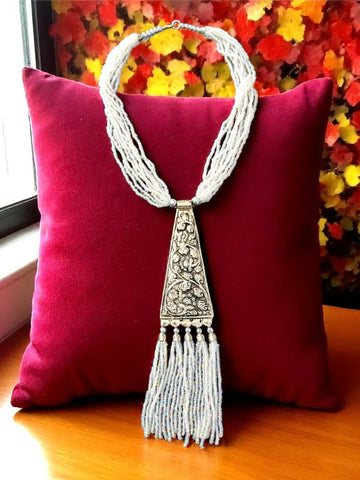 Inhanns Day-To-Dinner Tie Shaped Oxidized Black Metal Multi-Layered Long Necklace Set - White - Distacart