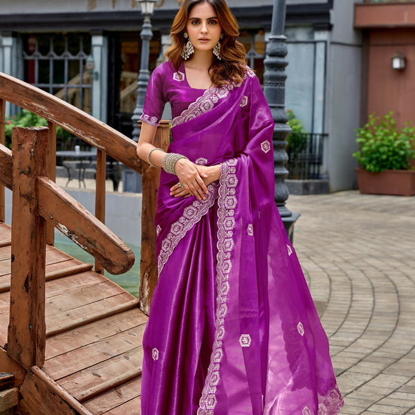 Vastranavya Purple Embroidery Work Shimmer Chiffon Saree with Unstitched Blouse - Distacart
