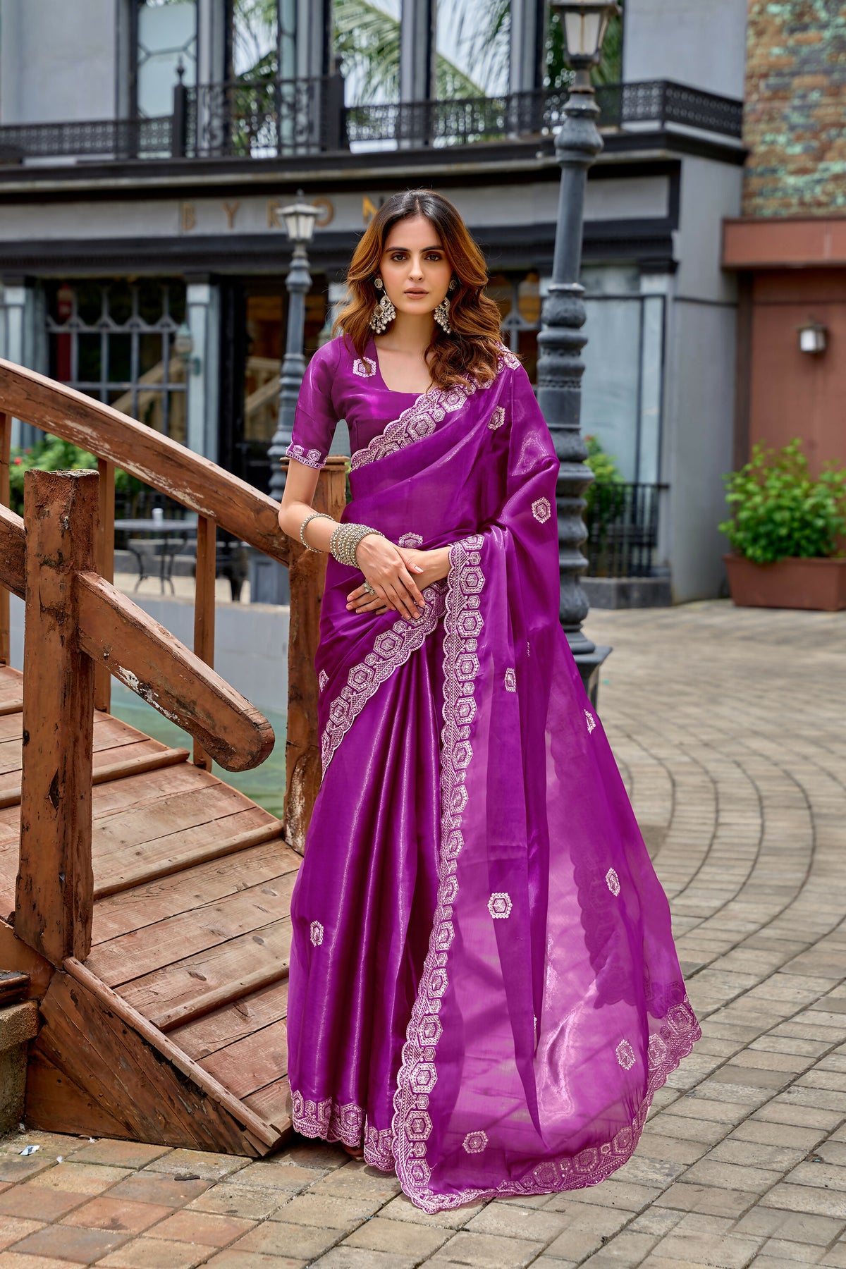 Vastranavya Purple Embroidery Work Shimmer Chiffon Saree with Unstitched Blouse
