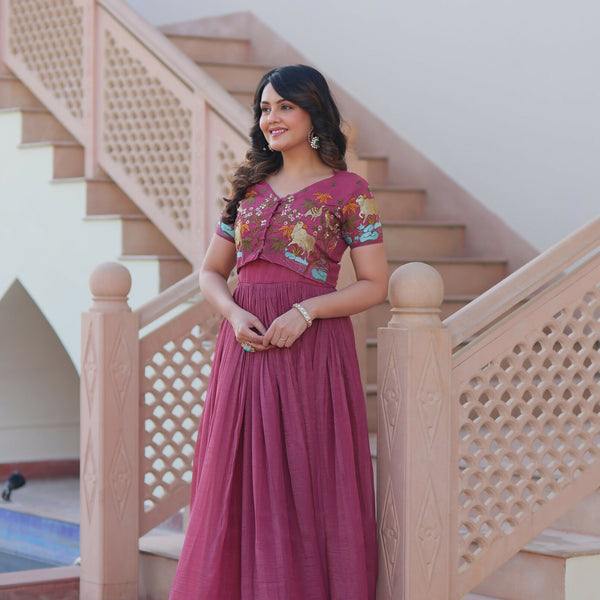 Joban Fashion Pink Crunchy Fabric Sequence Embroidery Work Kurta Set - Distacart