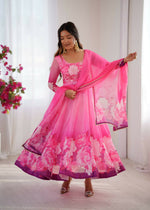 Thumbnail for Teeya Creation Womens New Organza Soft Taby Silk Heavy Quality Fabric With Digital Print Pink Gown Set - Dista