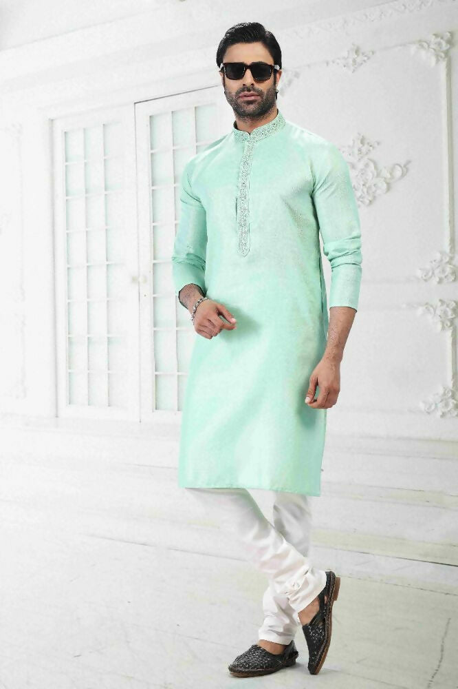 Raivat Ethnic Linen Cotton Thread Work Kurta Pajama In Pista Green Colour - Dista