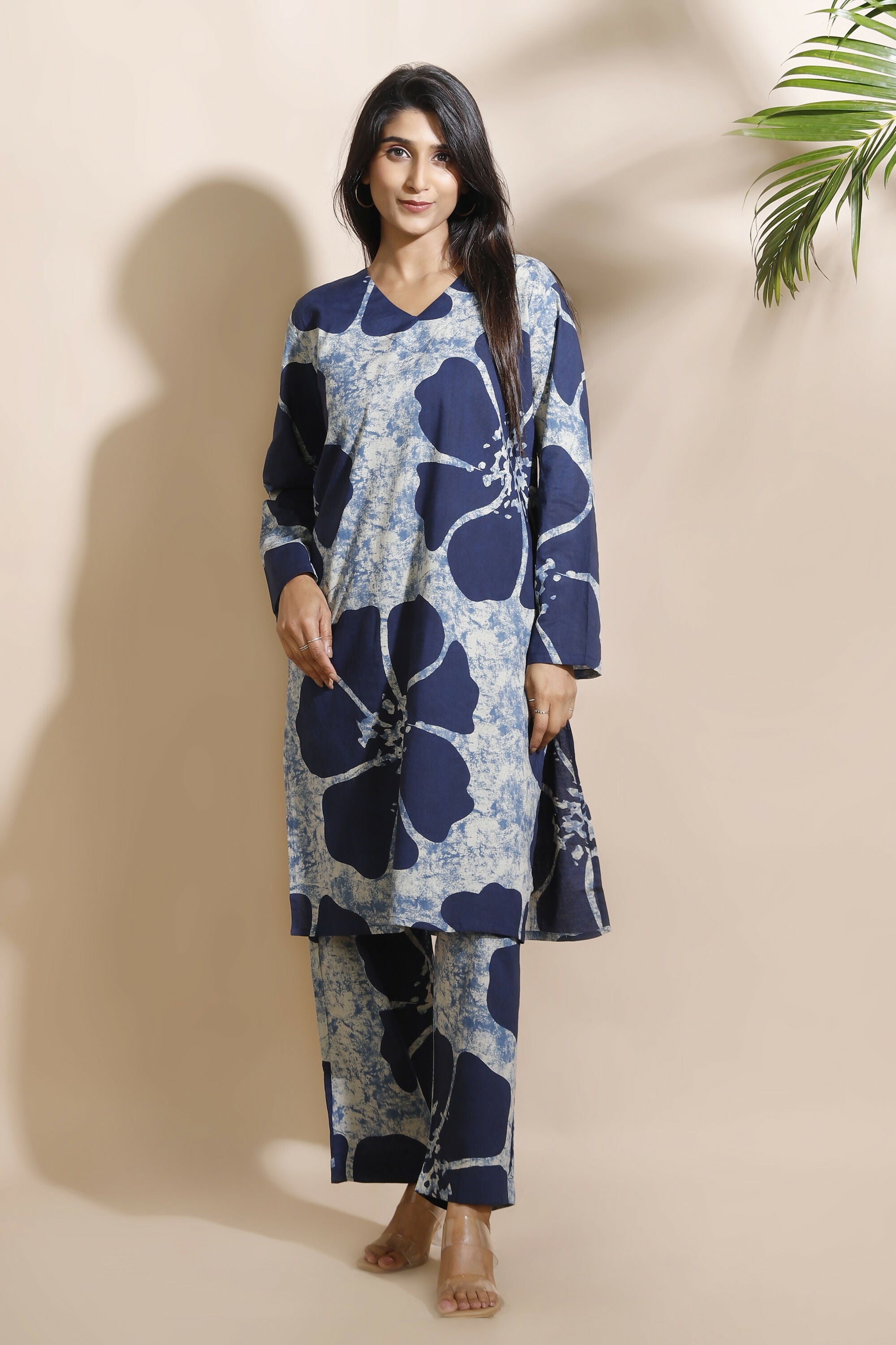 Breathables Women’S Loungewear Long Kurta Co-Ord Set Cotton Blue Floral Print - Dista