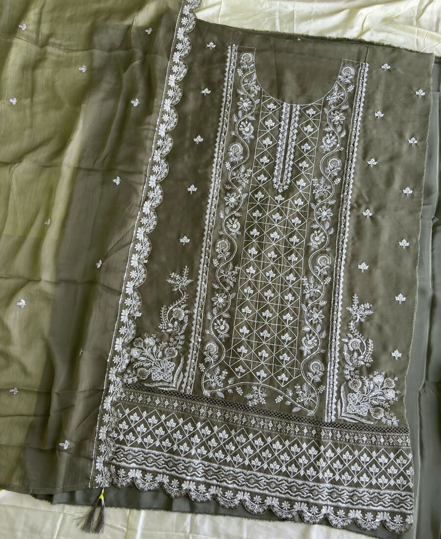 KC Mahendi Green Pakistani Straight Suit For Women Chiffon - Dista
