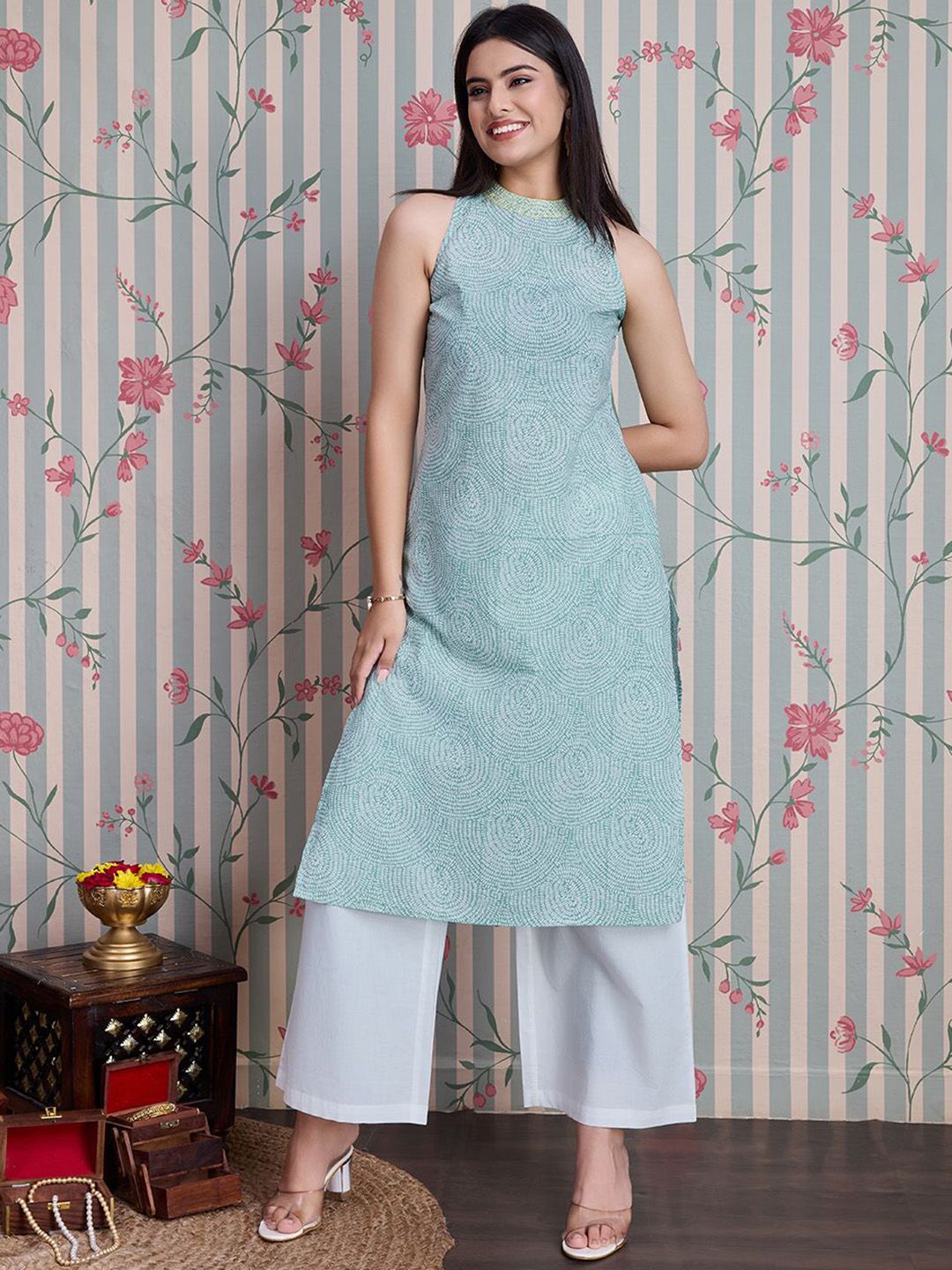 Ode by House of Pataudi Ethnic Motifs Printed Pure Cotton Straight Kurta with Palazzos - Distacart