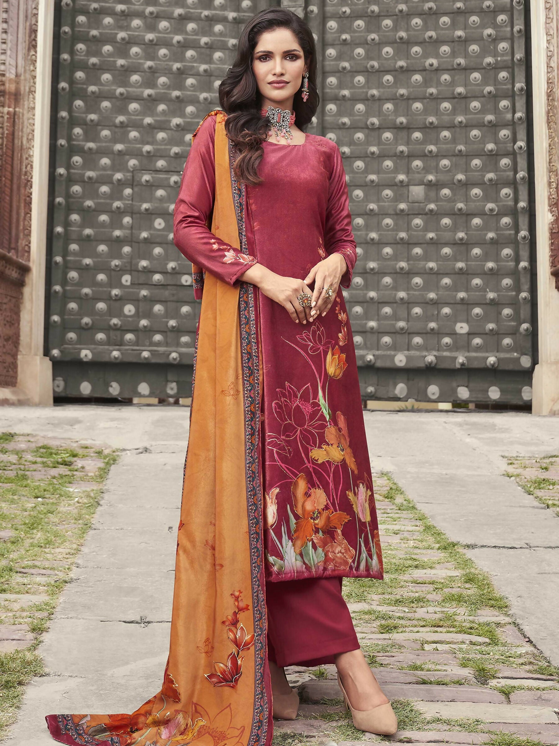 Jyoti Fashion Women's Red Velvet Floral Digital Printed Kurta with Trouser & Dupatta - Distacart