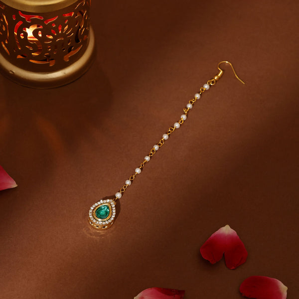 Ruby Raang Green Tear Drop Green Kundan Maang Tikka