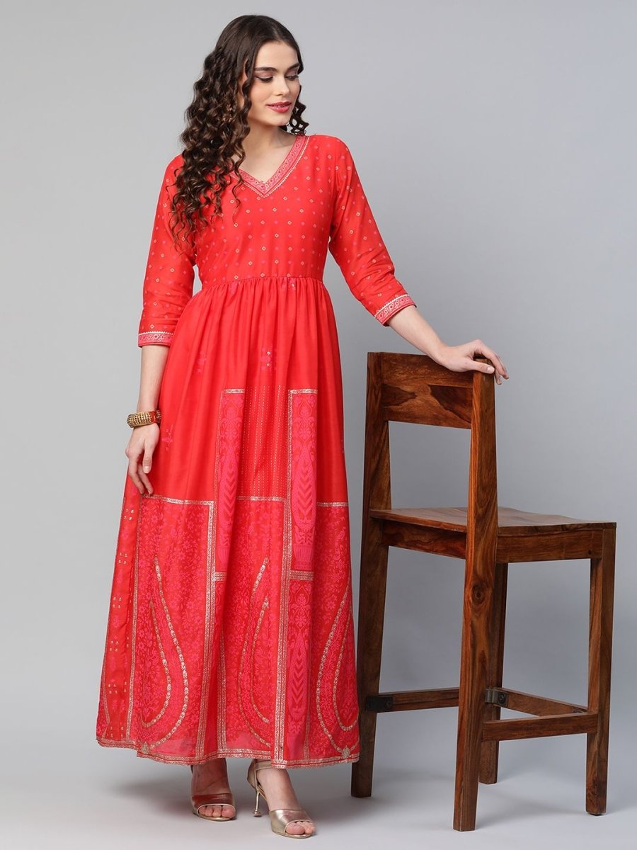 Ahalyaa Women Red Chanderi Khari Printed Dress - Distacart