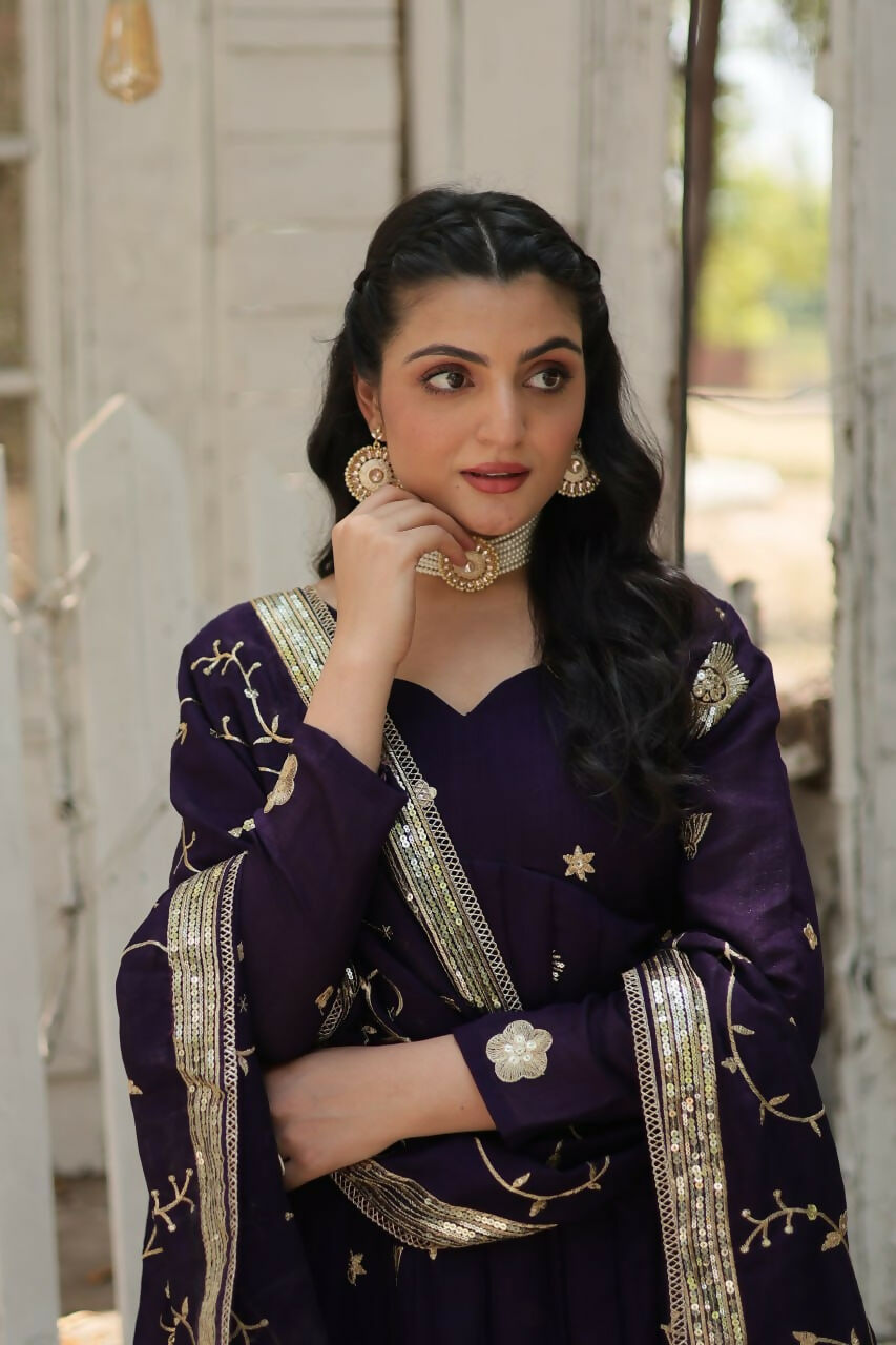 Preksha Creation Designed Vichitra Shimmer With Rich Sequins Embroidered Work Women Gown And Dupatta - Wine - Distacart