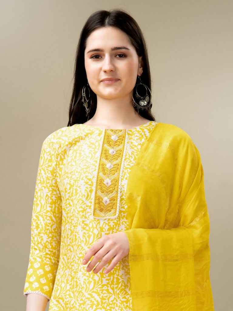 Jyoti Fashion Women's Yellow Rayon Embroidery & Sequence work Kurta with Trouser & Dupatta - Distacart
