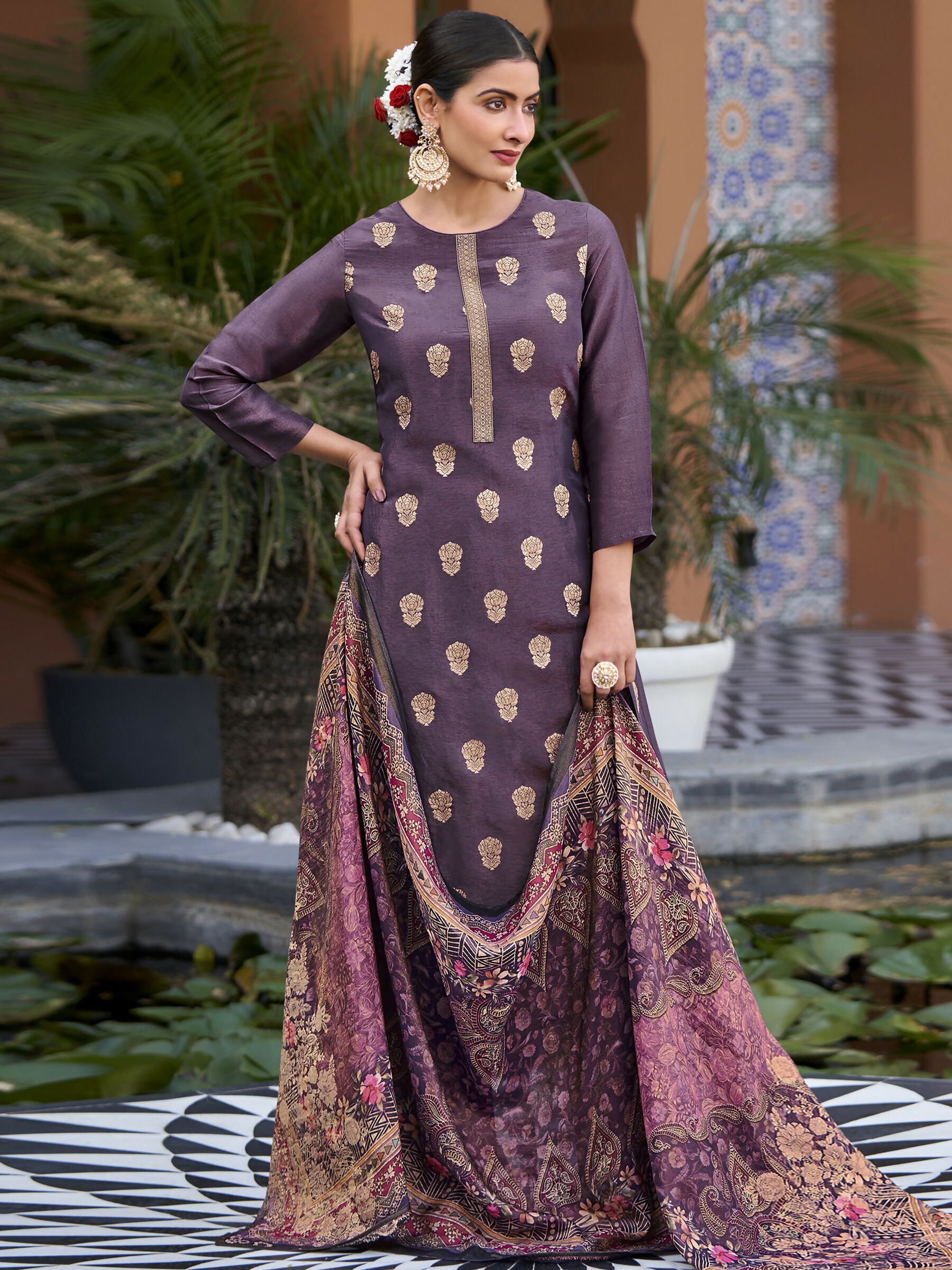 Jyoti Fashion Women's Purple Pure Silk Elegant Jacquard Woven Kurta with Trouser & Dupatta - Distacart