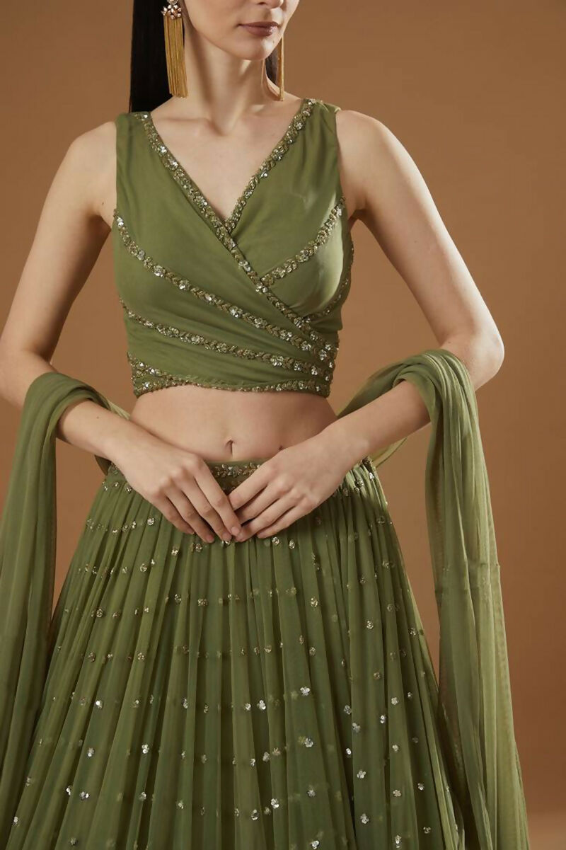 Jyoti Fashion Glamorous Olive Green Zari and Thread Embroidered Georgette Lehenga Choli with Dupatta - Distacart