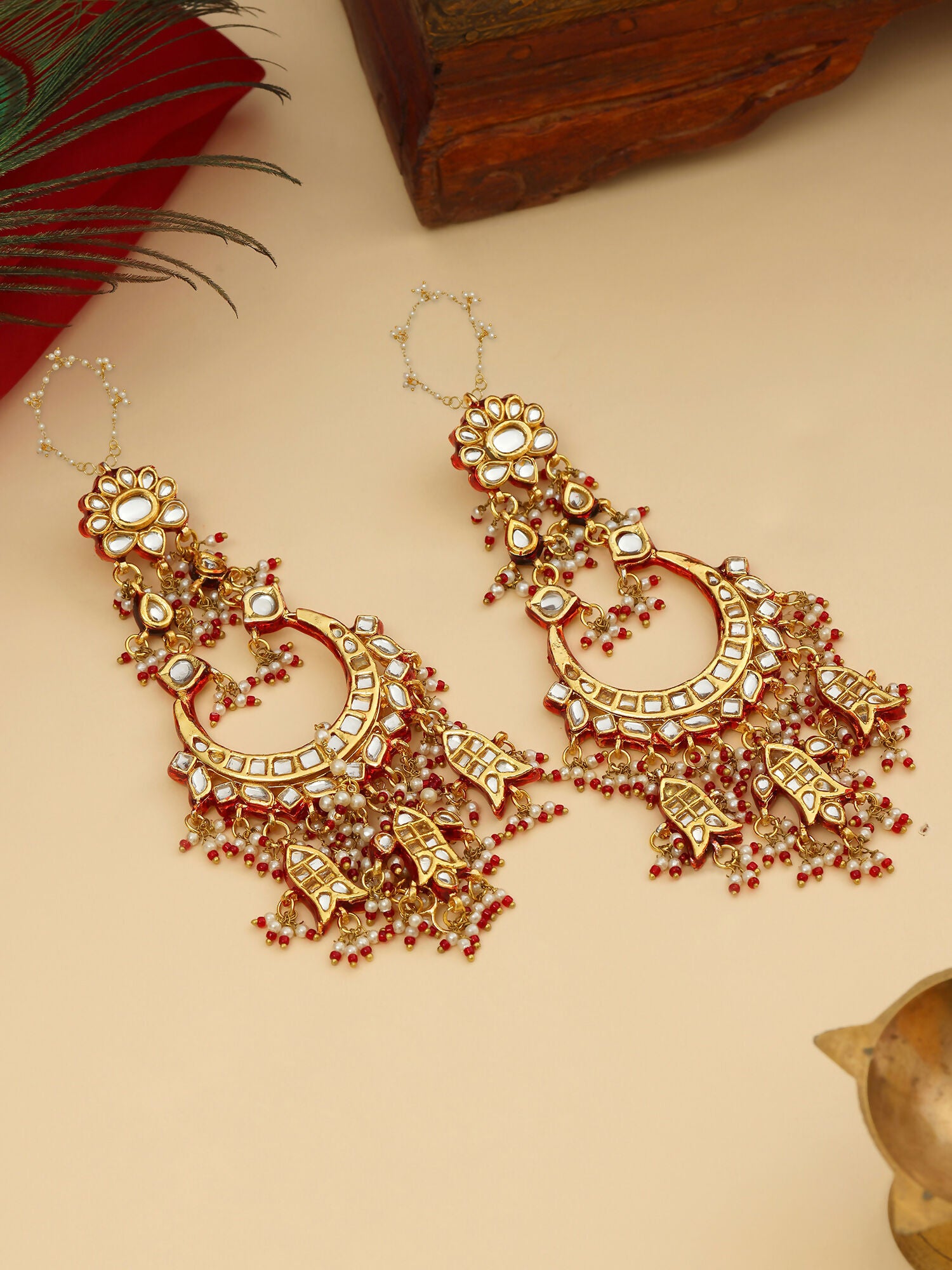 Ruby Raang 22k Gold Polished Kundan Chand Earrings With Ear Chains