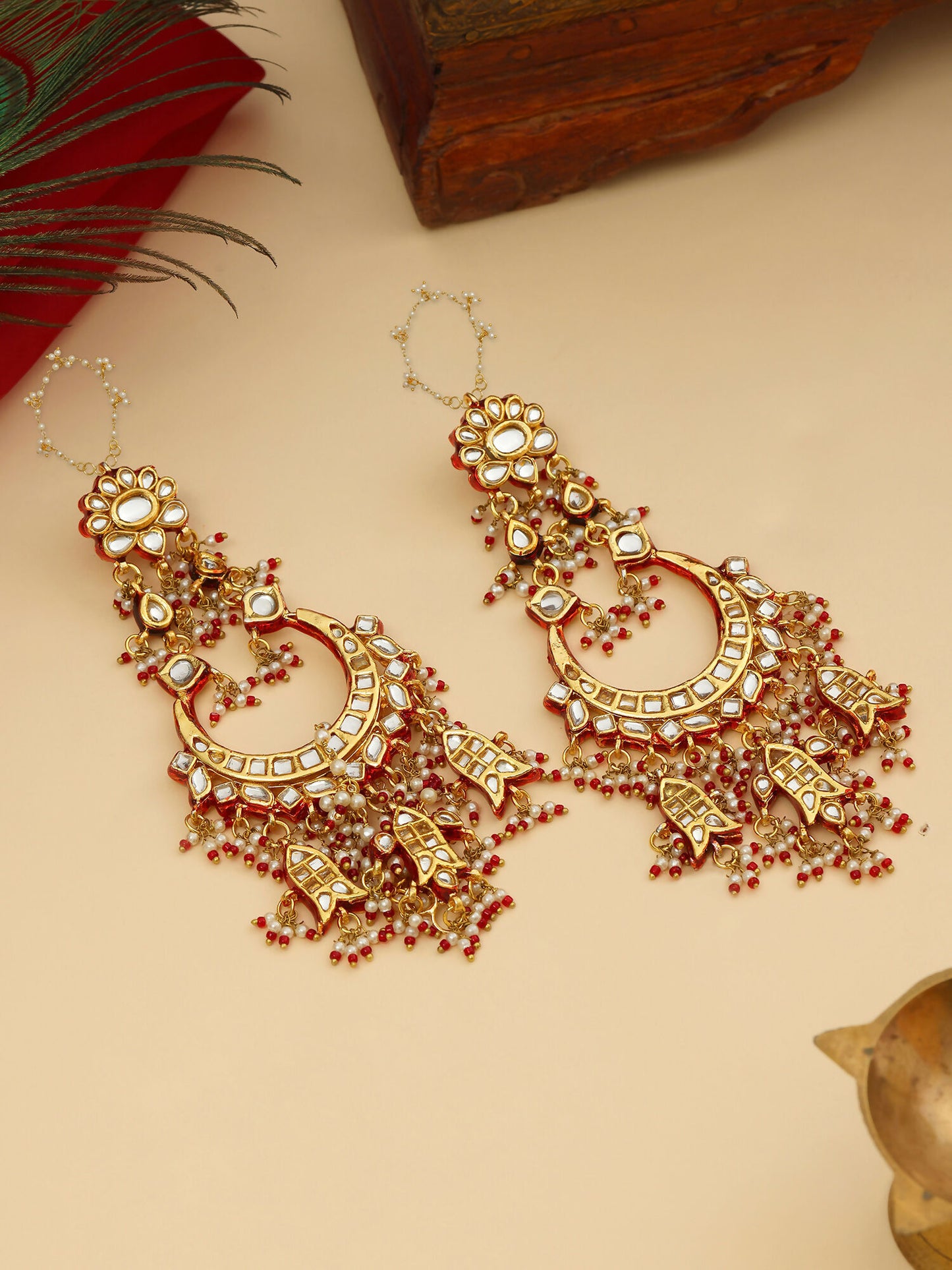 Ruby Raang 22k Gold Polished Kundan Chand Earrings With Ear Chains - Distacart