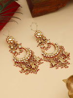 Thumbnail for Ruby Raang 22k Gold Polished Kundan Chand Earrings With Ear Chains