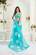 Thumbnail for Vastranavya Sky Blue Digital Printed Linen Ready To Wear Designer Saree with Unstitched Blouse - Distacart