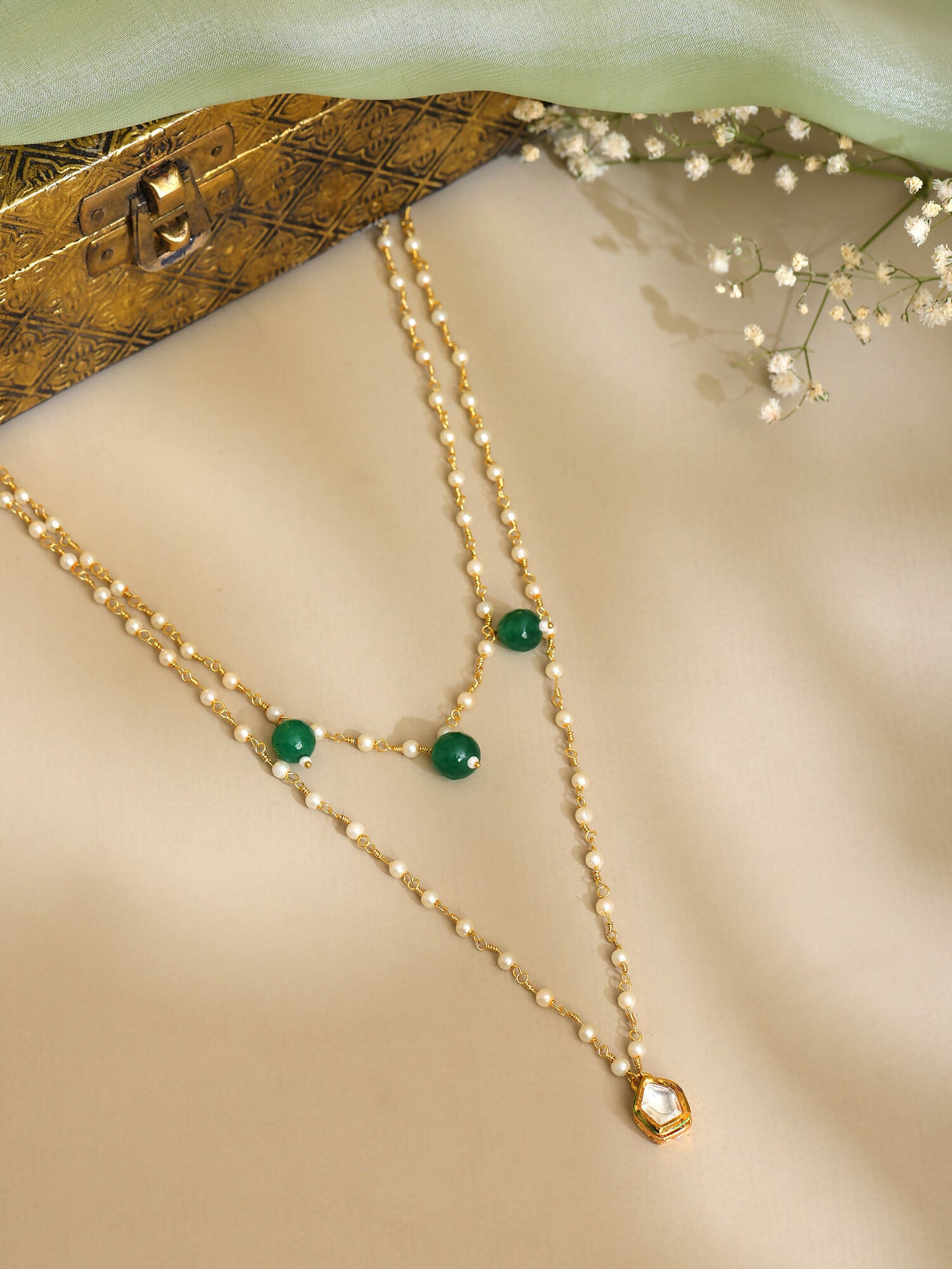 Ruby Raang Gold Kundan and Green Stone Layered Necklace - Distacart