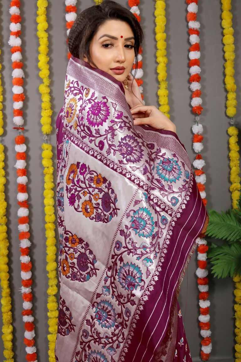 Jyoti Fashion Women's Wine Banarasi Silk Zari Woven Saree with Blouse - Distacart