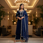 Thumbnail for Joban Fashion Blue Kurta Set Velvet Embroidery Sequence Work - Distacart