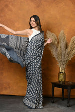Thumbnail for Very Much Indian Handblock Printed Cotton Saree With Natural Dyes - Black White - Distacart